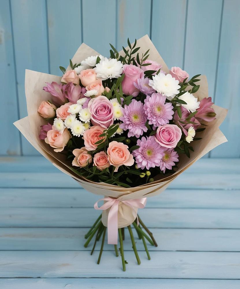 Букет цветов из: Хризантемы, Розы и Альстромерии в Бахтеево