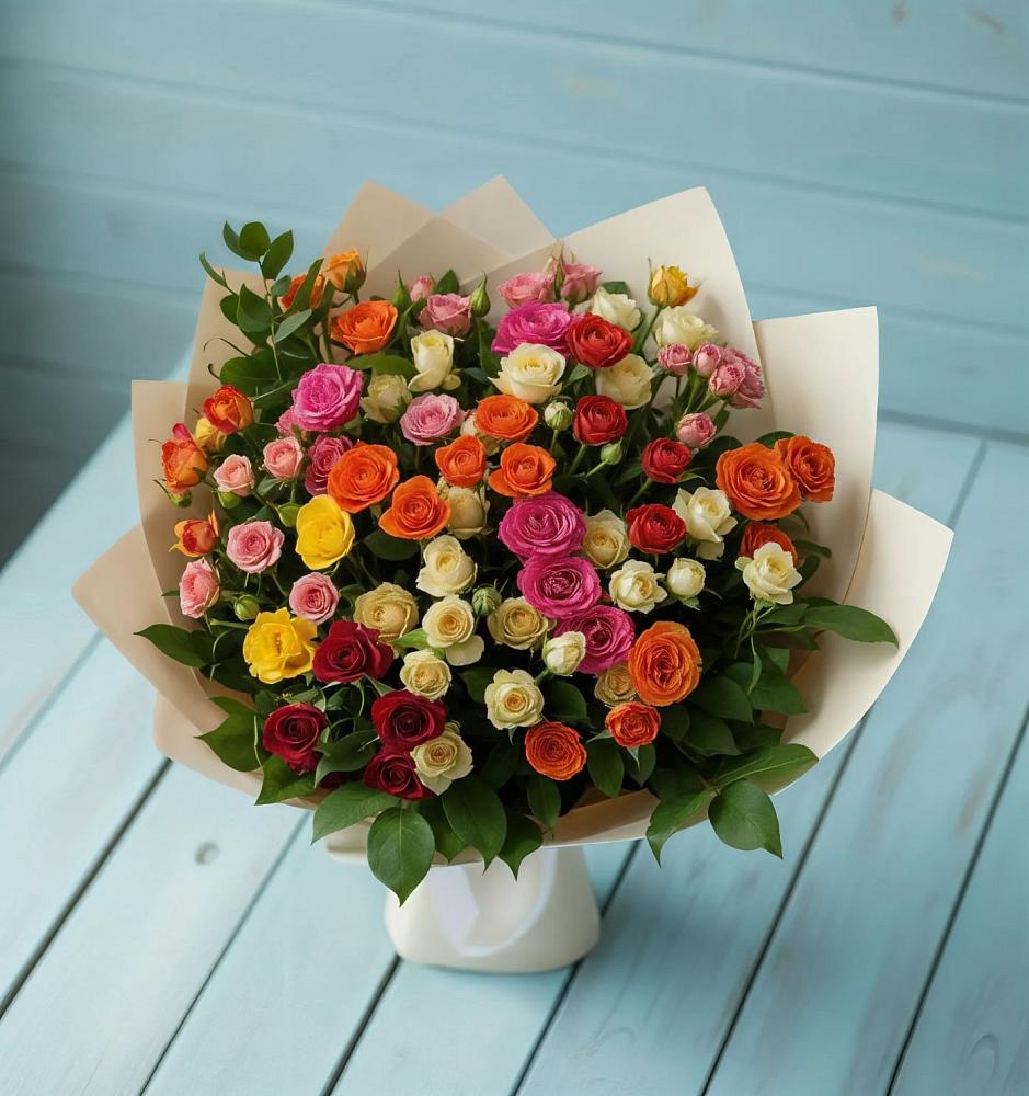 Букет Микс из разноцветных кустовых роз в Бахтеево