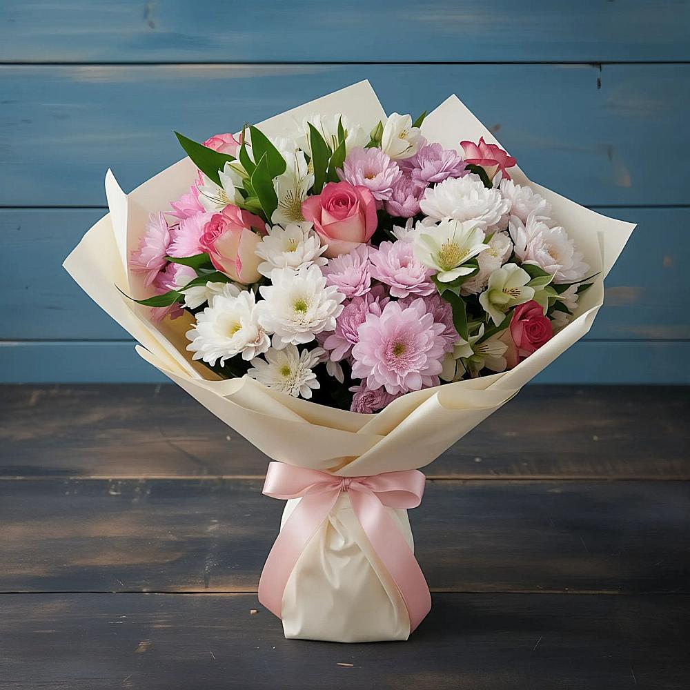 Букет цветов из: Хризантемы, Альстромерии и Розы в Бахтеево